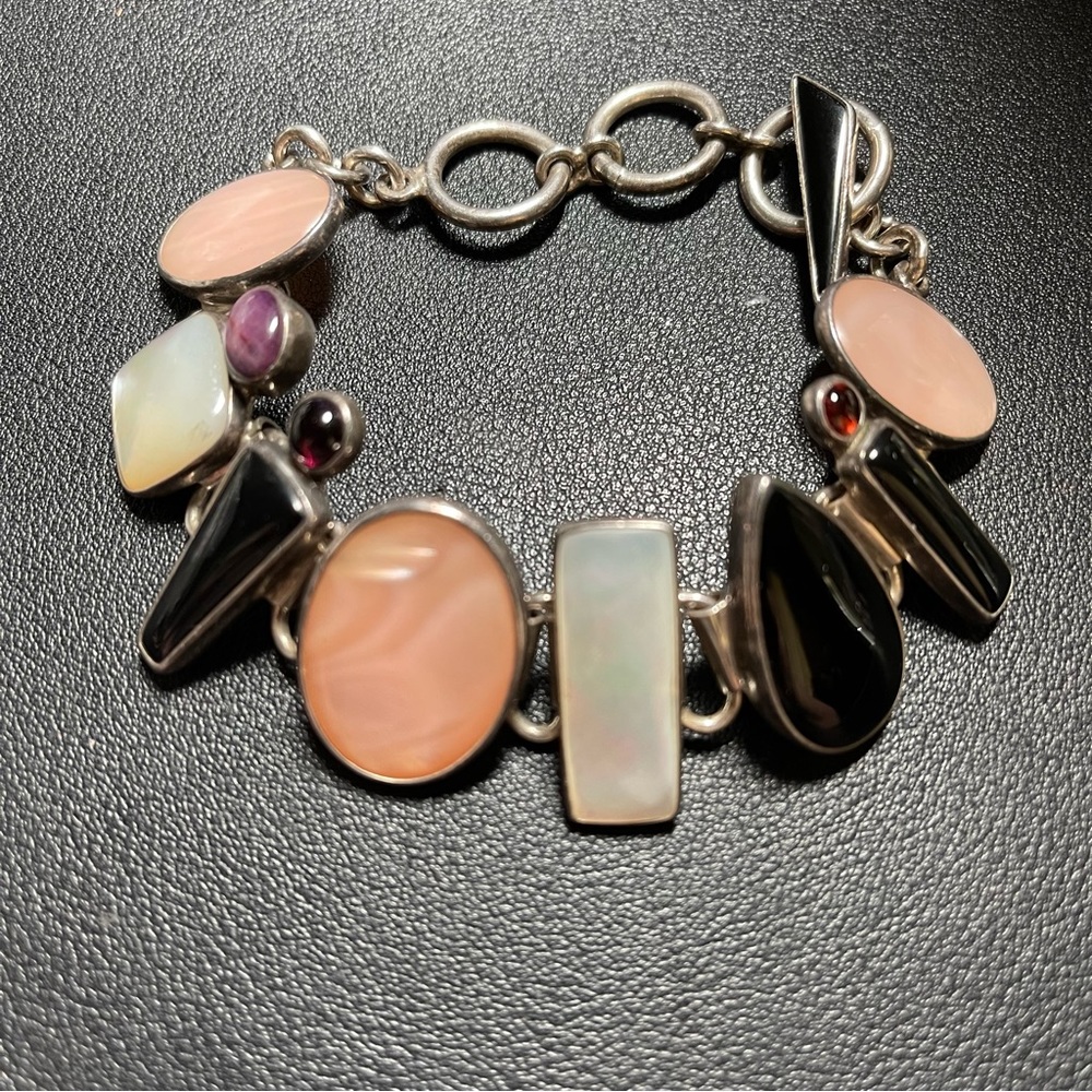 Sterling Silver Mother of Pearl, Ruby, Onyx, Garnet Panel Bracelet by Obsidian